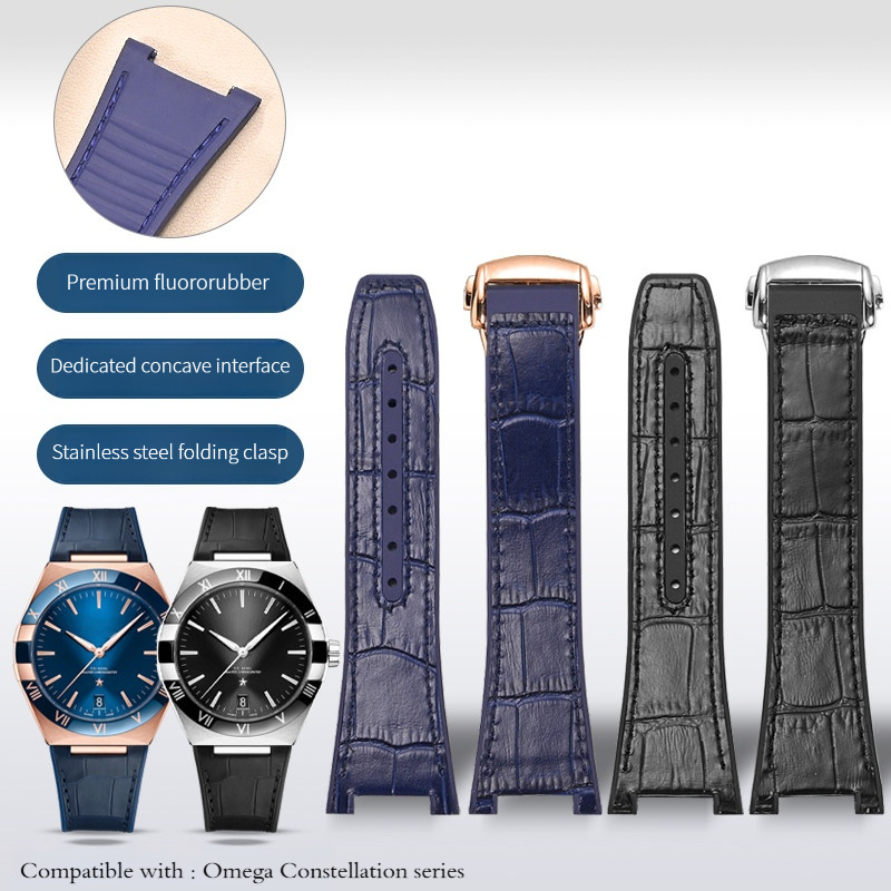 Omega Watch Constellation - สายนาฬิกาหนังวัวแท้+FKM สำหรับนาฬิกา Omega Constellation series แบบโค้งเว้า